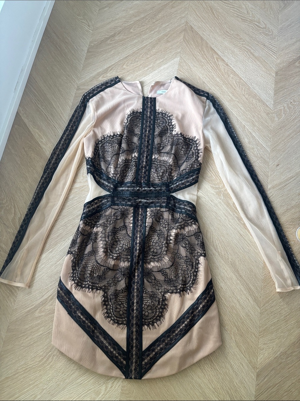 Three Floor Nude Dress with Black Lace Overlay